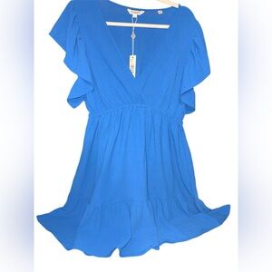 Max Studio Bright Blue V-Neck Ruffle Sleeve Dress